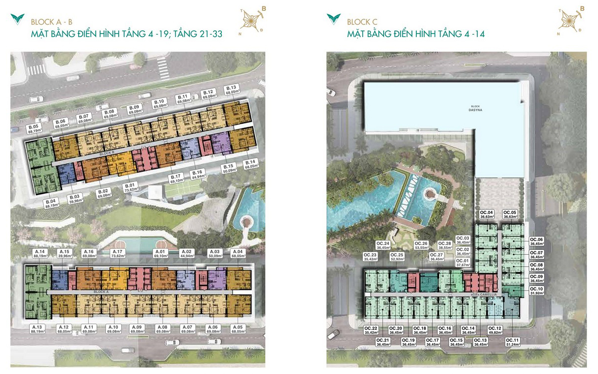 Mặt bằng thiết kế tầng 4 - 19, 21 - 33 của block A, B; tầng 4 - 14 block C dự án Lavita Thuận An