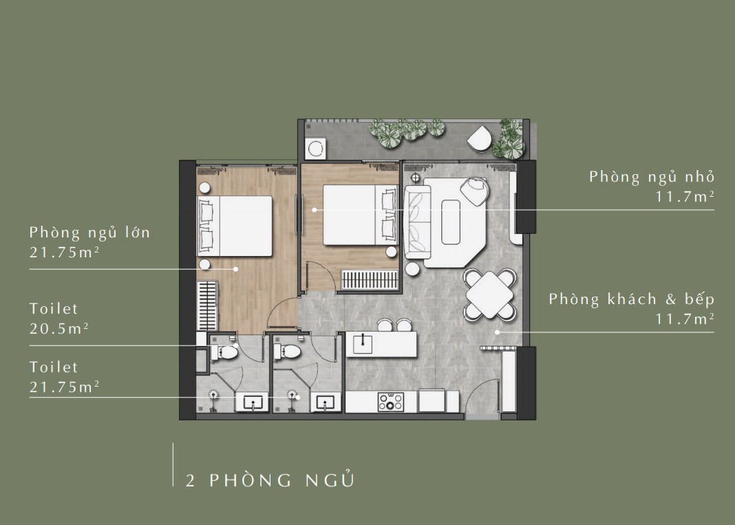 Mặt bằng thiết kế chi tiết mẫu căn hộ 2 PN của dự án Lavita Thuận An