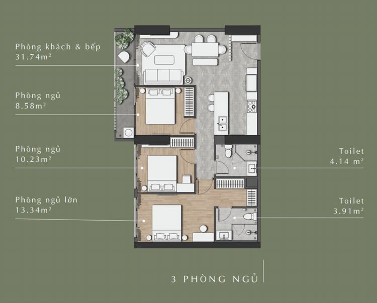 Mặt bằng thiết kế chi tiết mẫu căn hộ 3 PN của dự án Lavita Thuận An