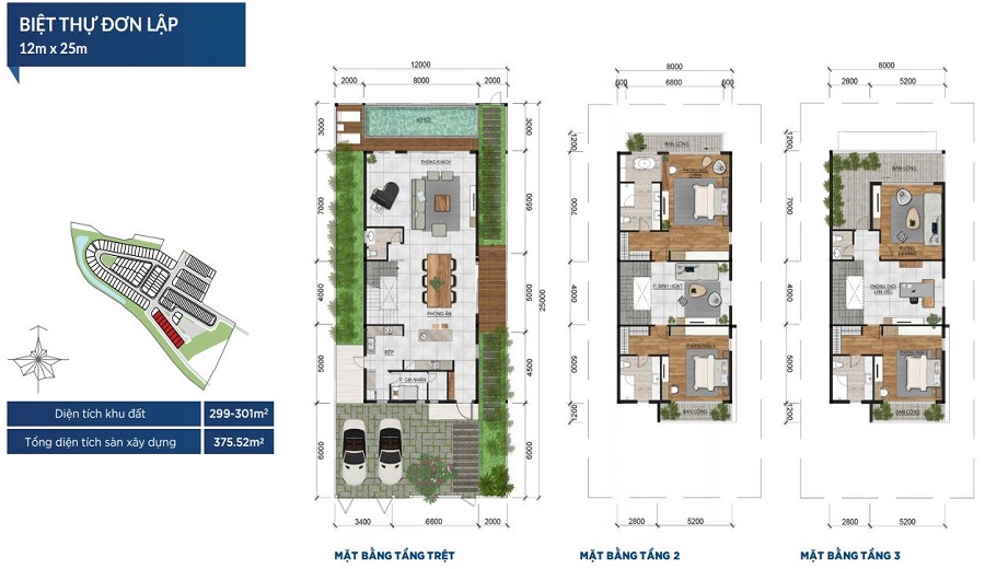 Mặt bằng thiết kế biệt thự đơn lập 12x25m của dự án Paml Marina Novaland Quận 9