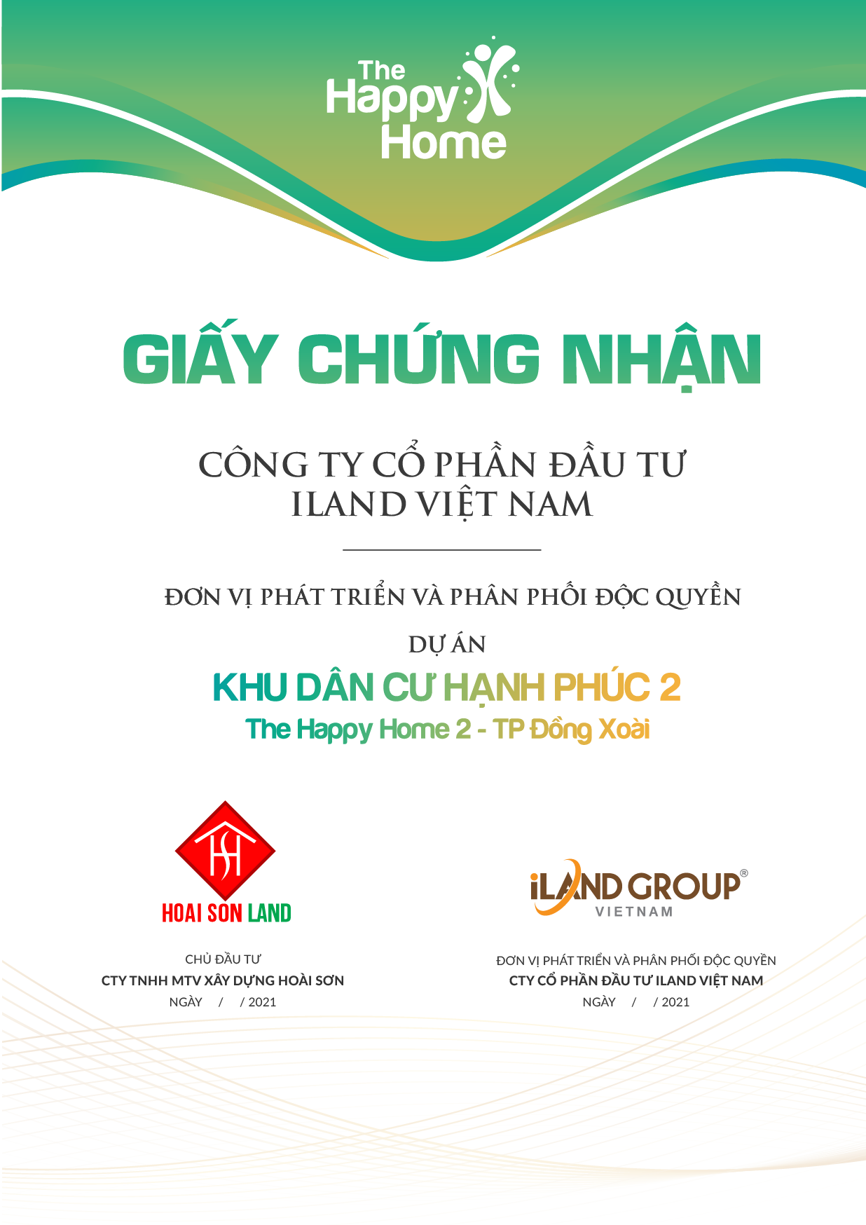 Giấy chứng nhận sự hợp tác phát triển và phân phối độc quyền dự án The Happy Home Đồng Xoài của 2 đơn vị đầu tư