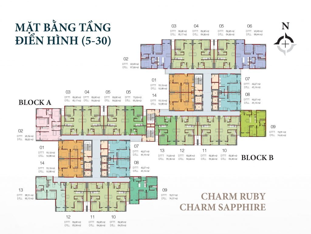 Mặt bằng tầng 5 - 30 của căn hộ thuộc tòa tháp Charm Ruby và Charm Sapphire